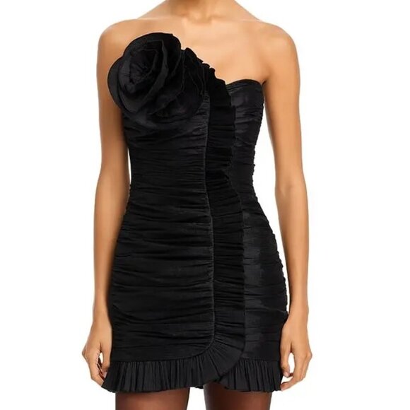 RONNY KOBO ! Daniel Strapless Gathered Ruffle Trim Rosette Mini Dress, M - Picture 3 of 13